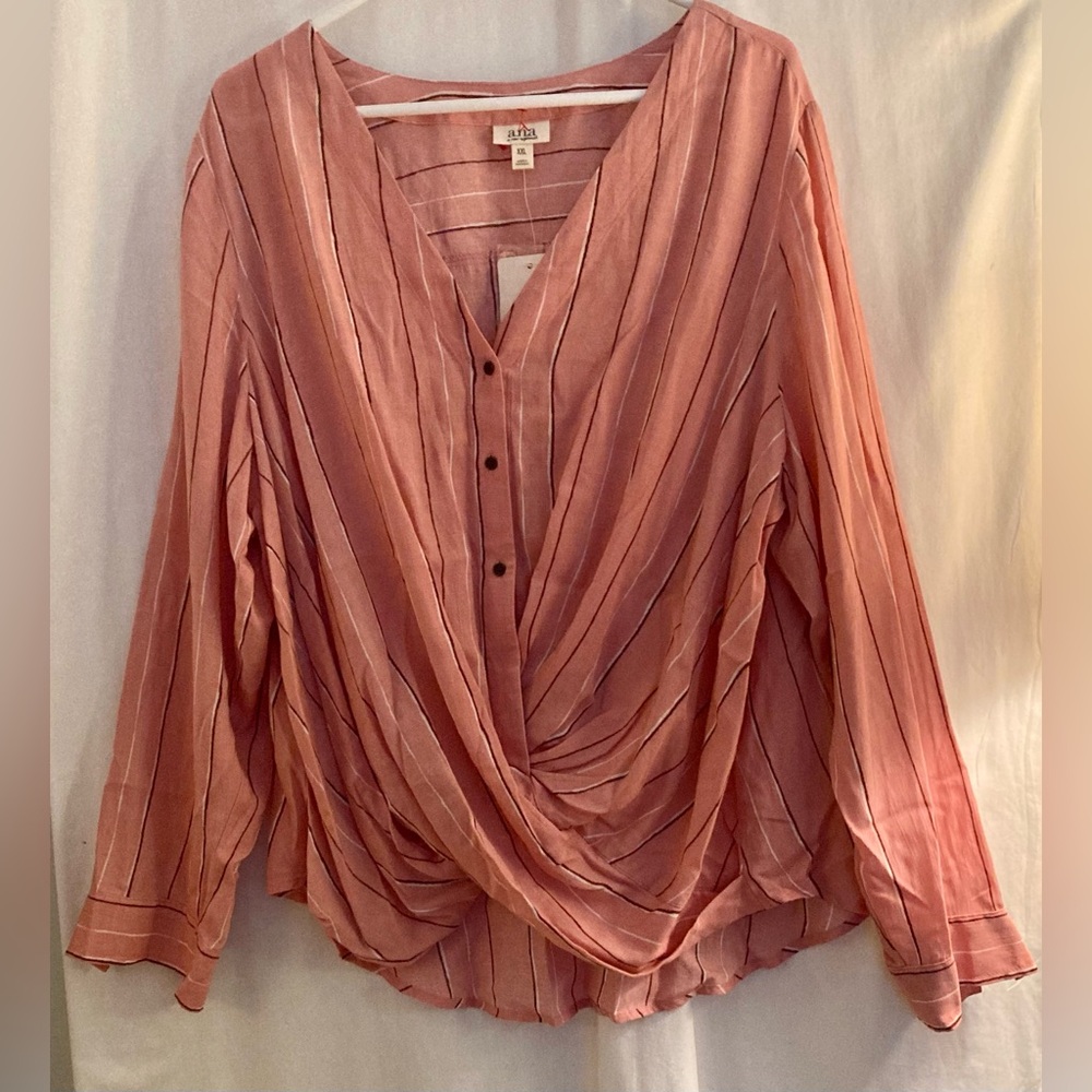 a.n.a NWT Draped Crossover Blousy V-Neck Blouse in Dusty Rose Stripe Size XXL